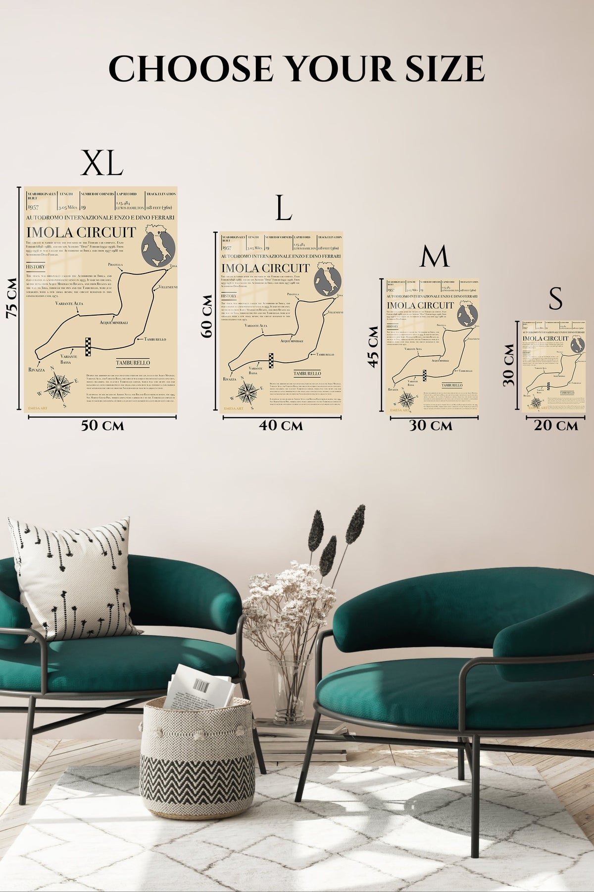 EMESA metal wall art size comparison guide for Imola Circuit Track Map Poster
