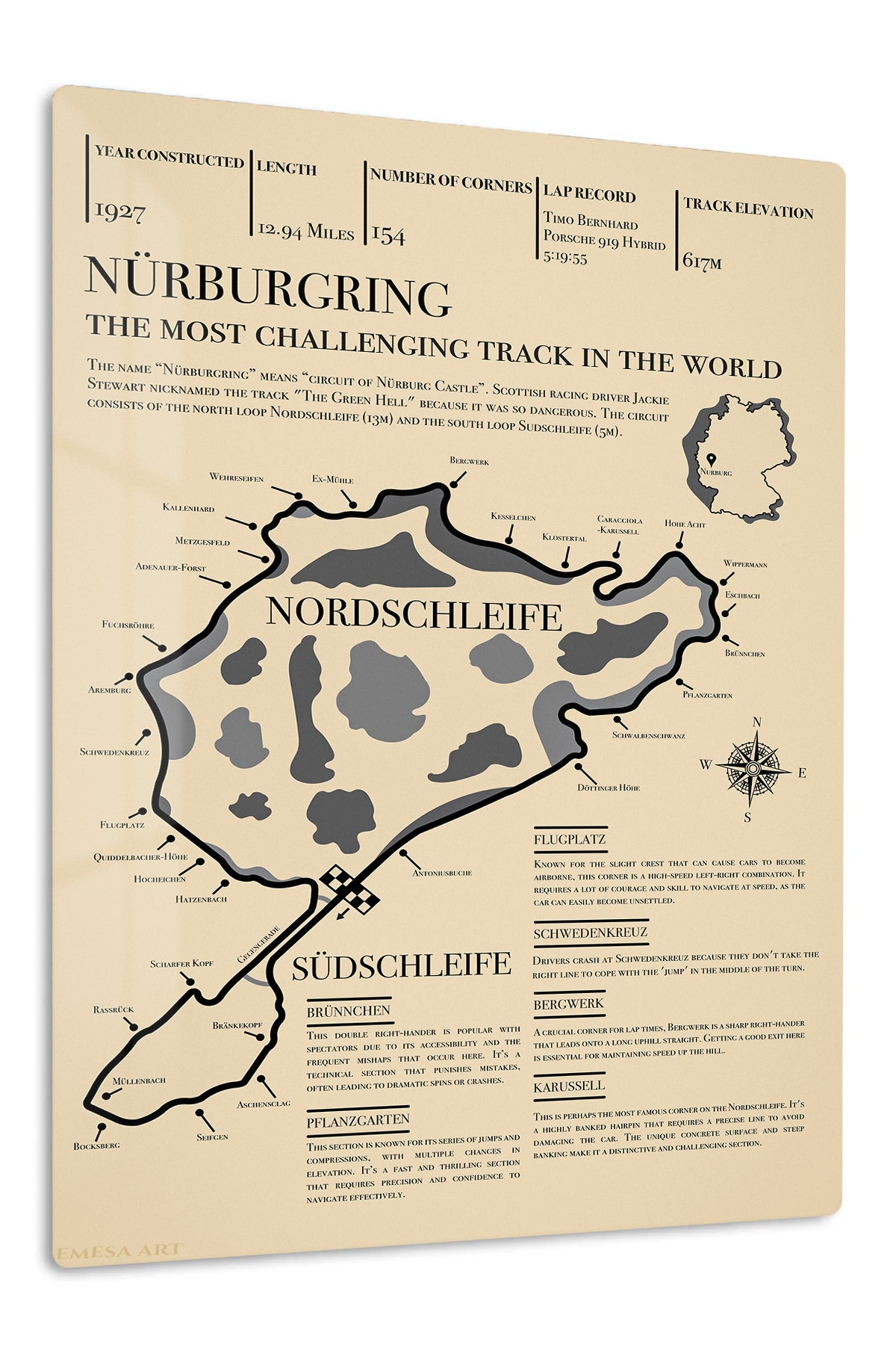 Nürburgring Nordschleife Circuit Map premium metal wall art – front view
