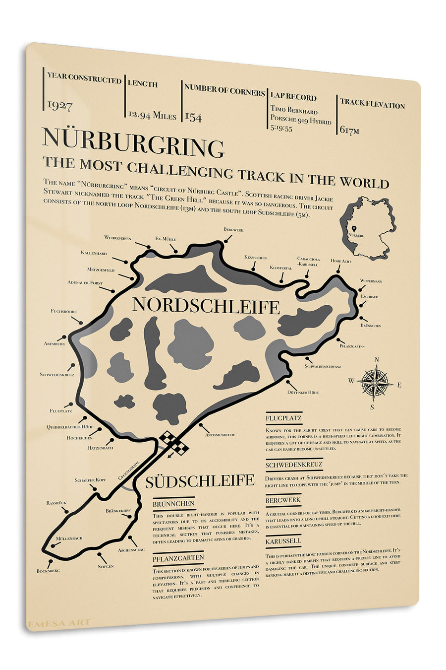 Nürburgring Nordschleife Circuit Map premium metal wall art – front view