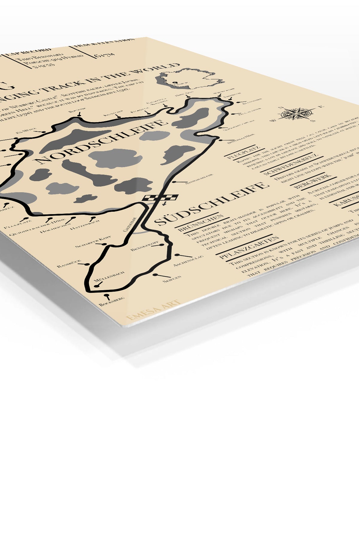 Nürburgring Nordschleife Circuit Map premium metal wall art – angled view