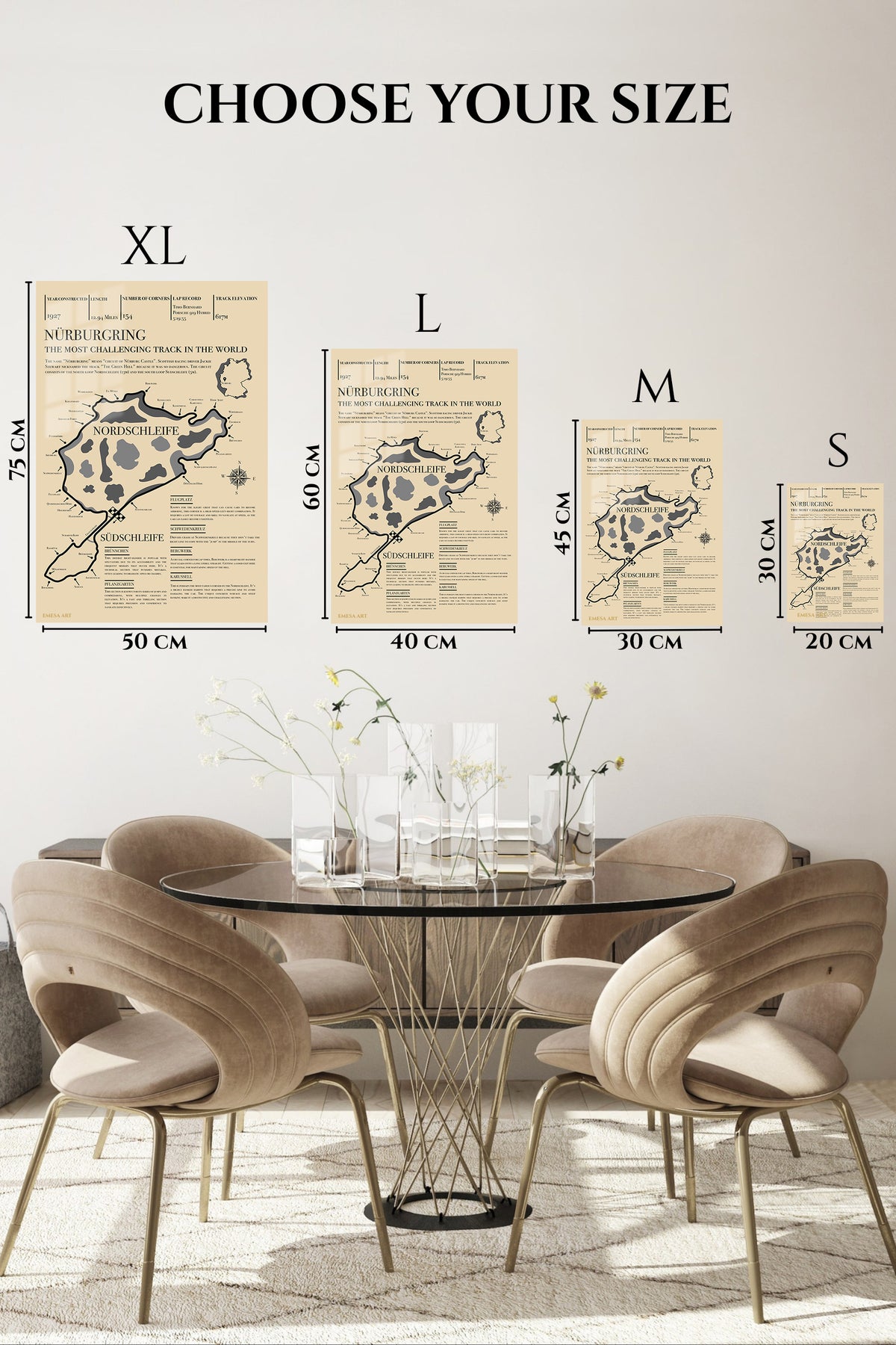 EMESA metal wall art size comparison guide for Nürburgring Nordschleife Circuit Map