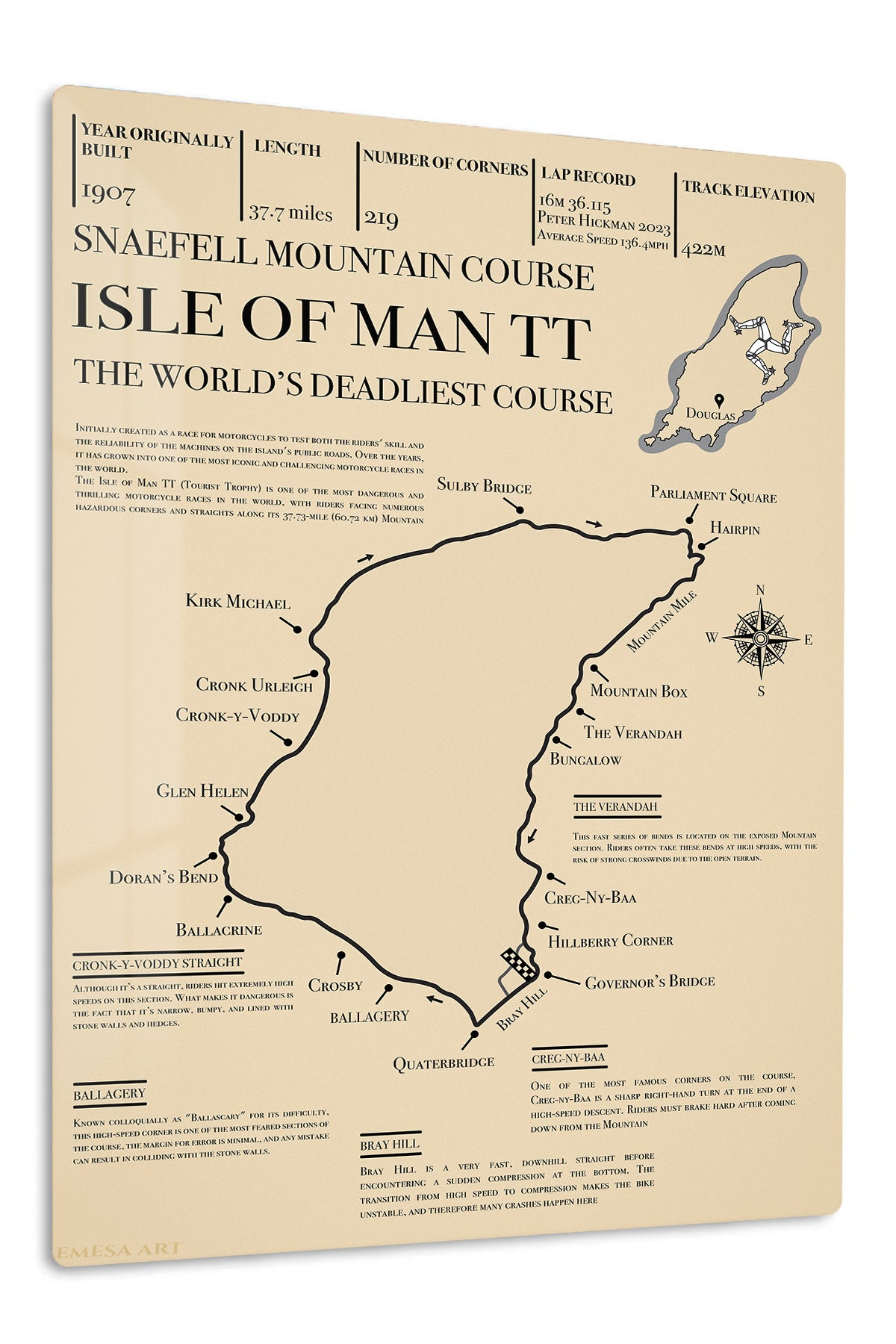 Isle of Man TT Mountain Course Map premium metal wall art – front view