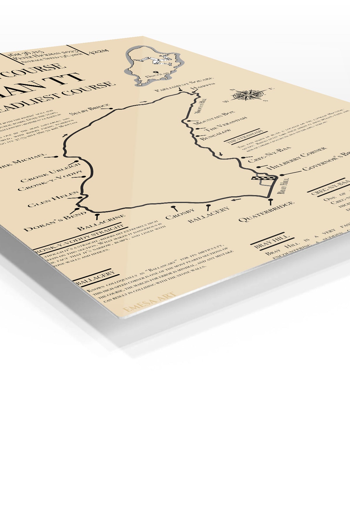 Isle of Man TT Mountain Course Map premium metal wall art – angled view
