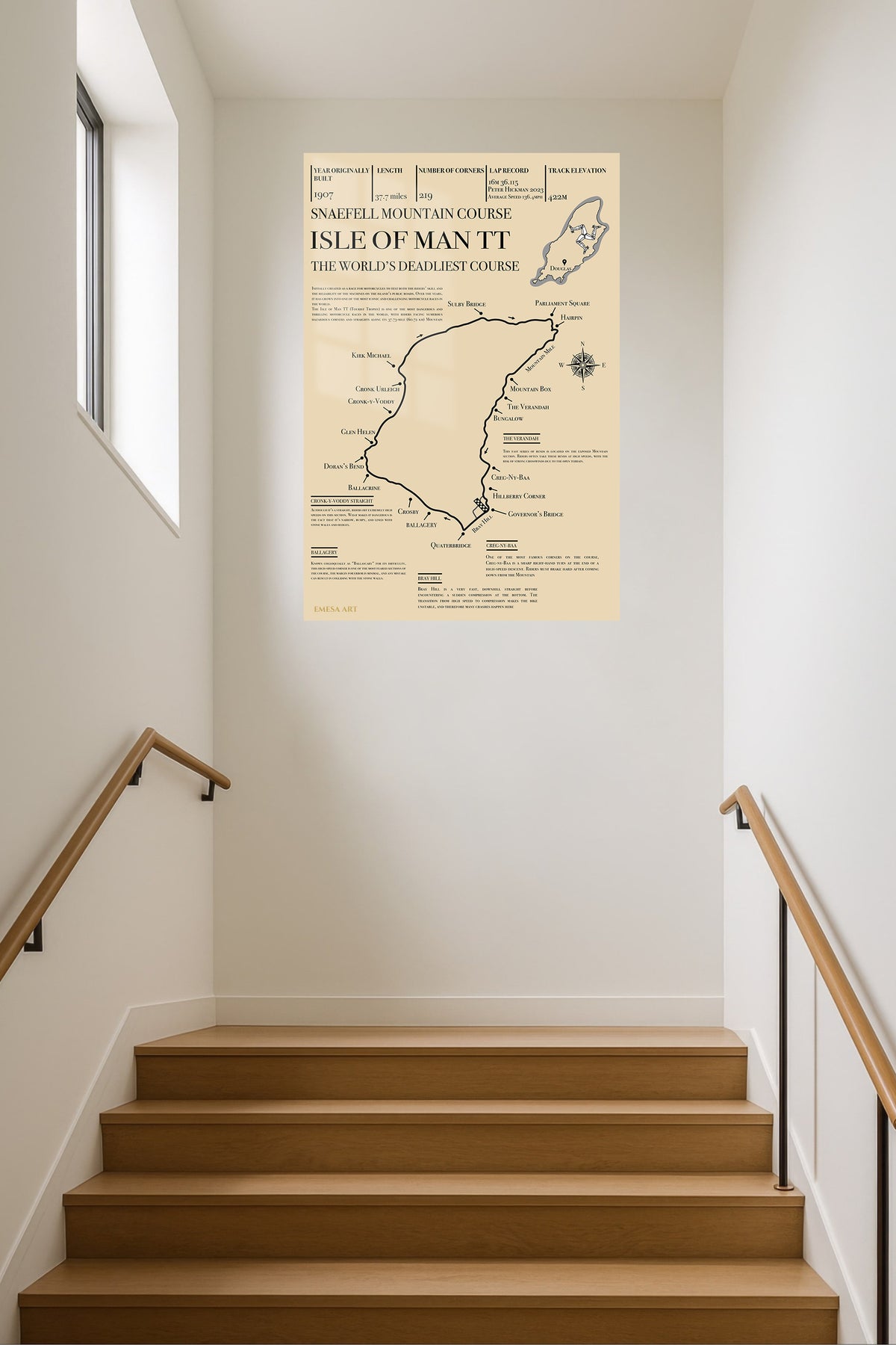 Isle of Man TT Mountain Course Map metal wall art displayed in a contemporary living space
