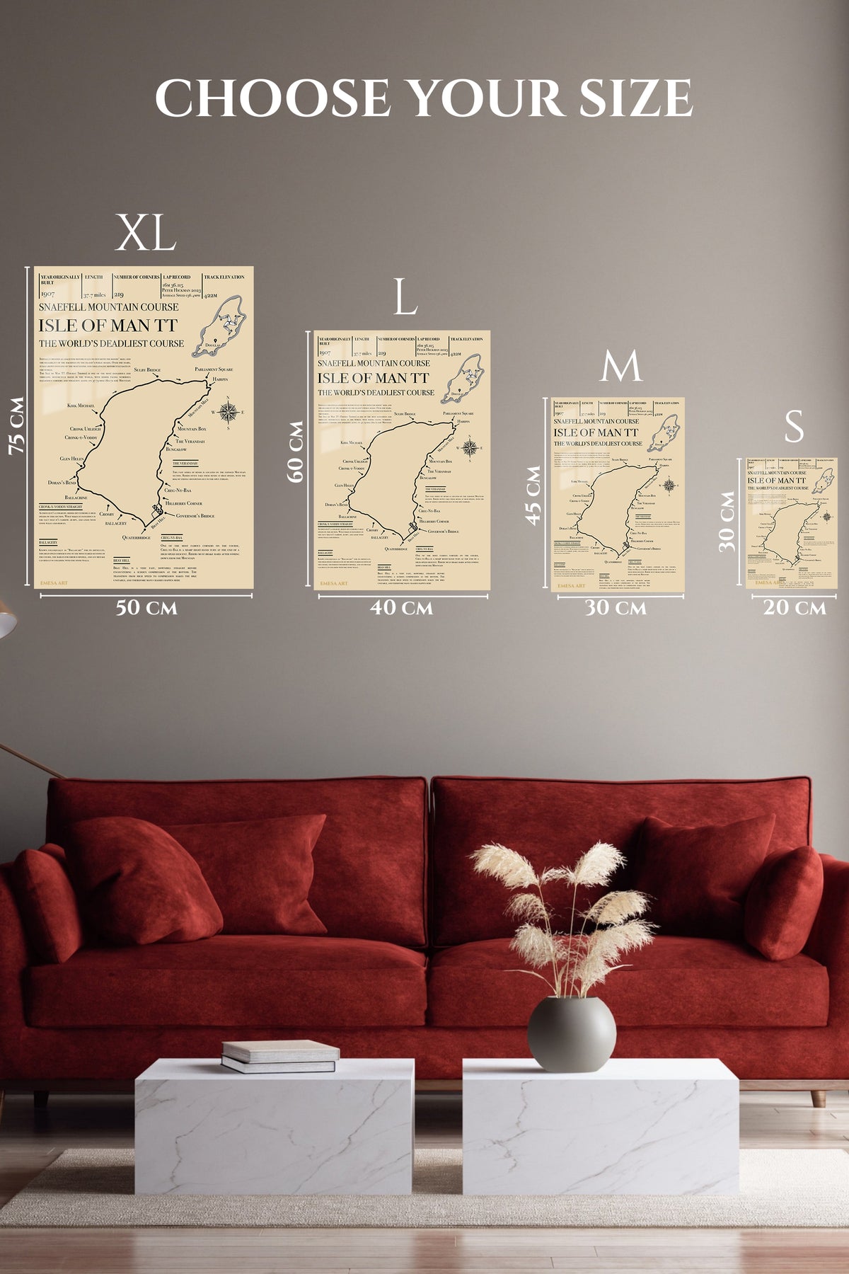 EMESA metal wall art size comparison guide for Isle of Man TT Mountain Course Map