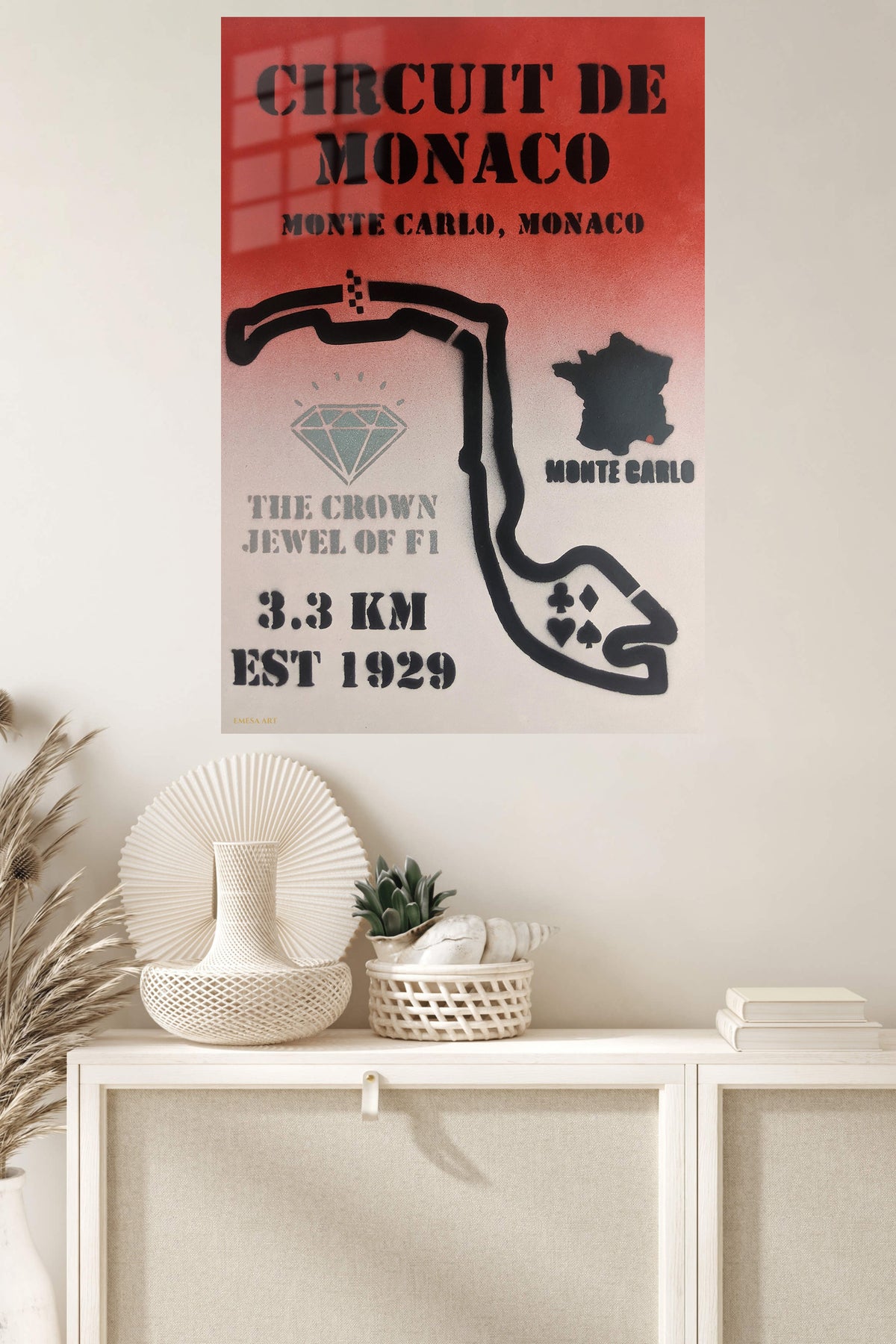 Circuit de Monaco Racing Map metal wall art displayed in a modern interior