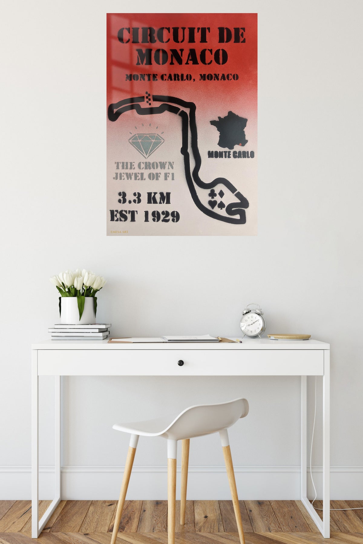 Circuit de Monaco Racing Map metal wall art displayed in a contemporary living space
