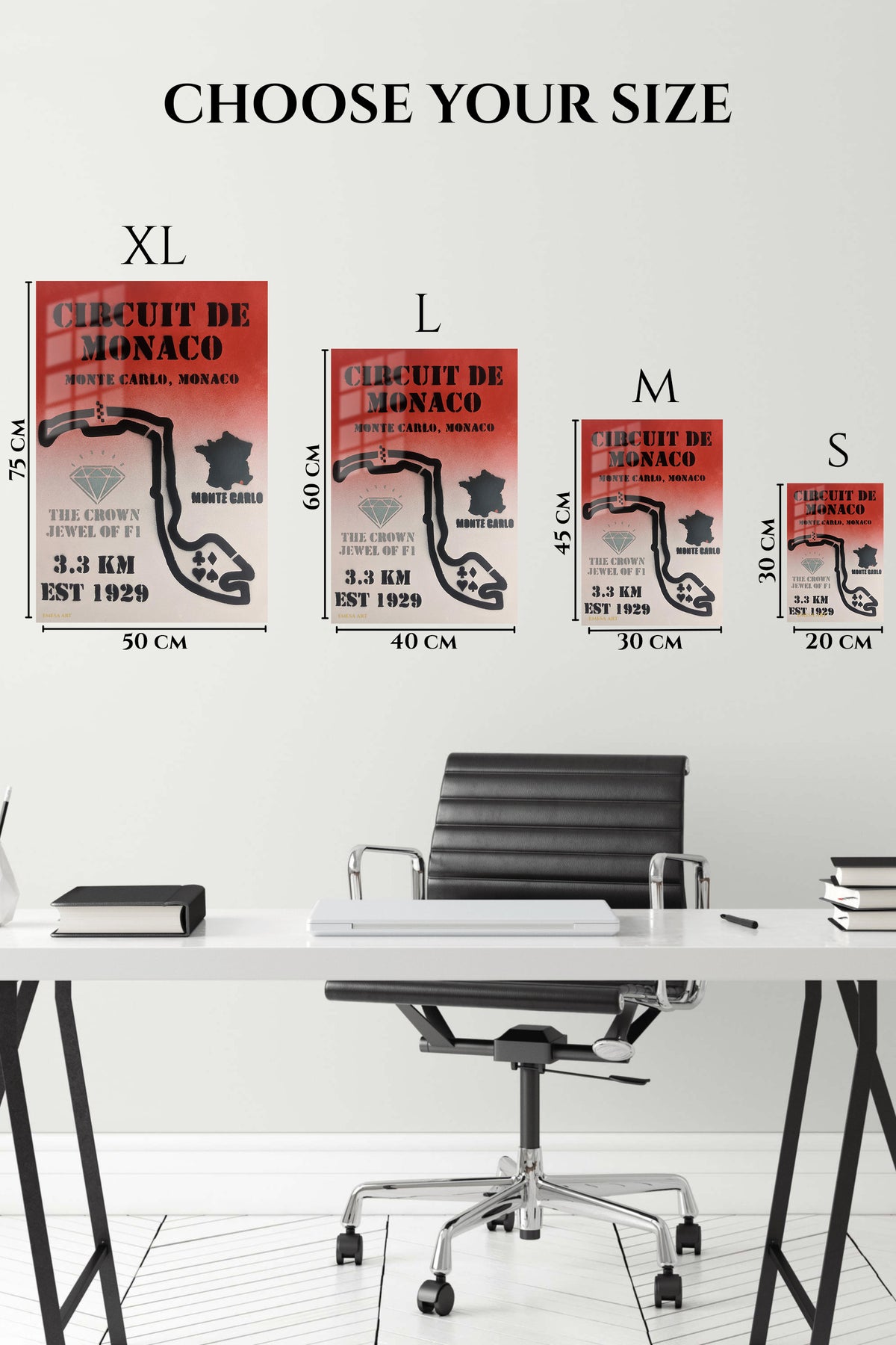 EMESA metal wall art size comparison guide for Circuit de Monaco Racing Map