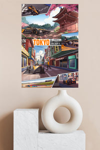 Tokyo Street Racing Comic Collage metal wall art displayed in a modern interior