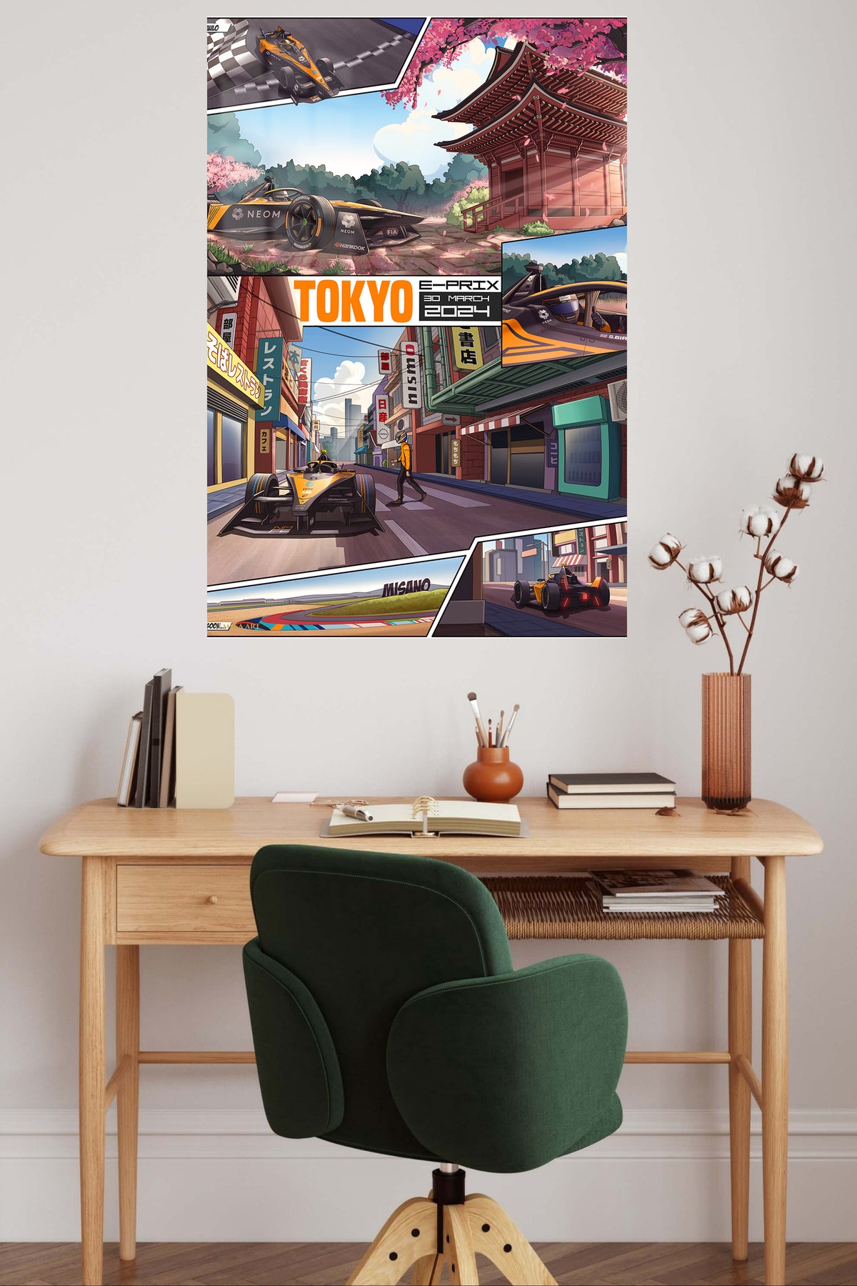 Tokyo Street Racing Comic Collage metal wall art displayed in a contemporary living space