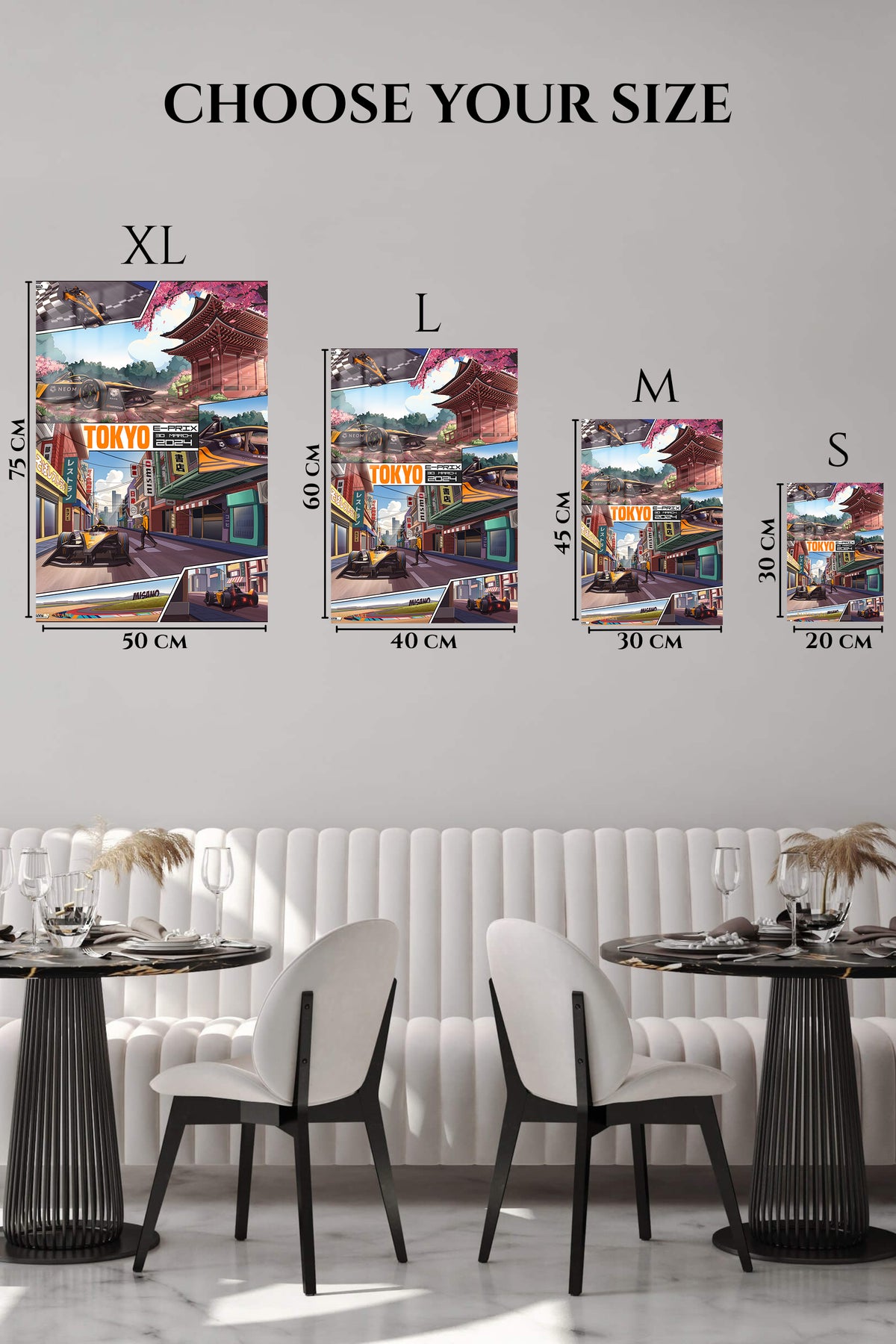 EMESA metal wall art size comparison guide for Tokyo Street Racing Comic Collage
