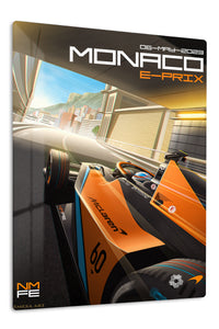 Orange Formula Race Car on Monaco Circuit premium metal wall art – front view