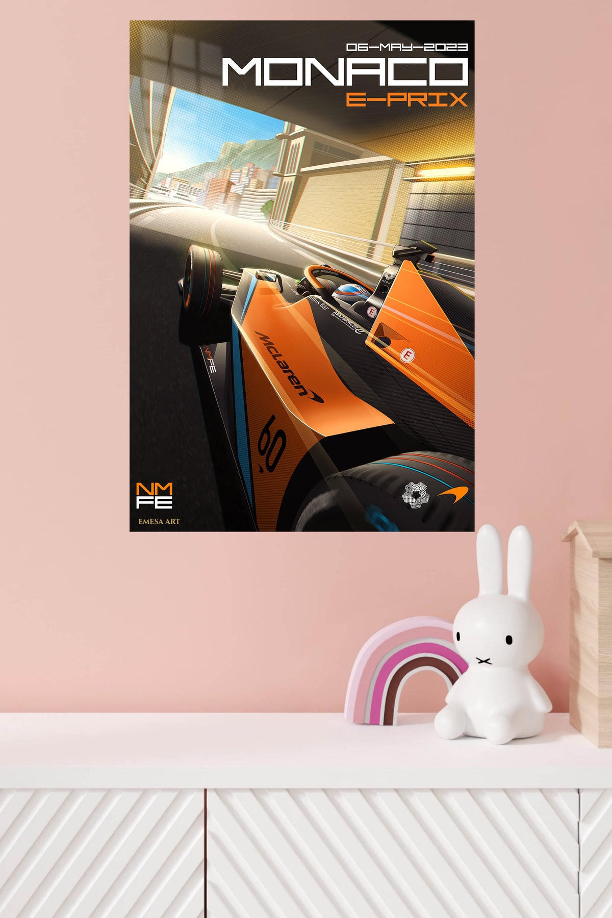Orange Formula Race Car on Monaco Circuit metal wall art displayed in a modern interior