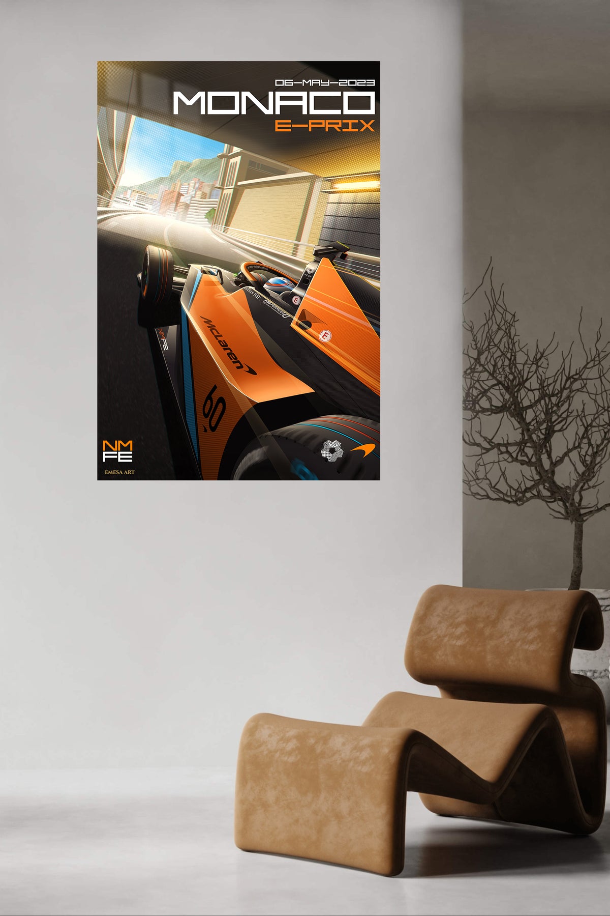 Orange Formula Race Car on Monaco Circuit metal wall art displayed in a contemporary living space