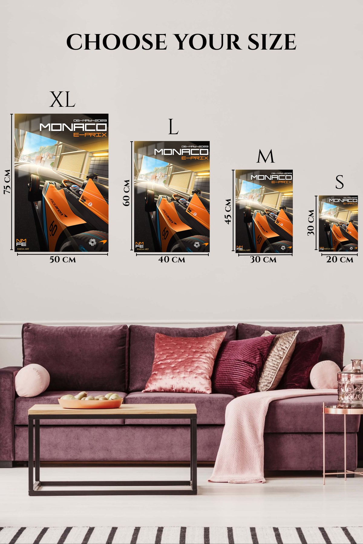 EMESA metal wall art size comparison guide for Orange Formula Race Car on Monaco Circuit