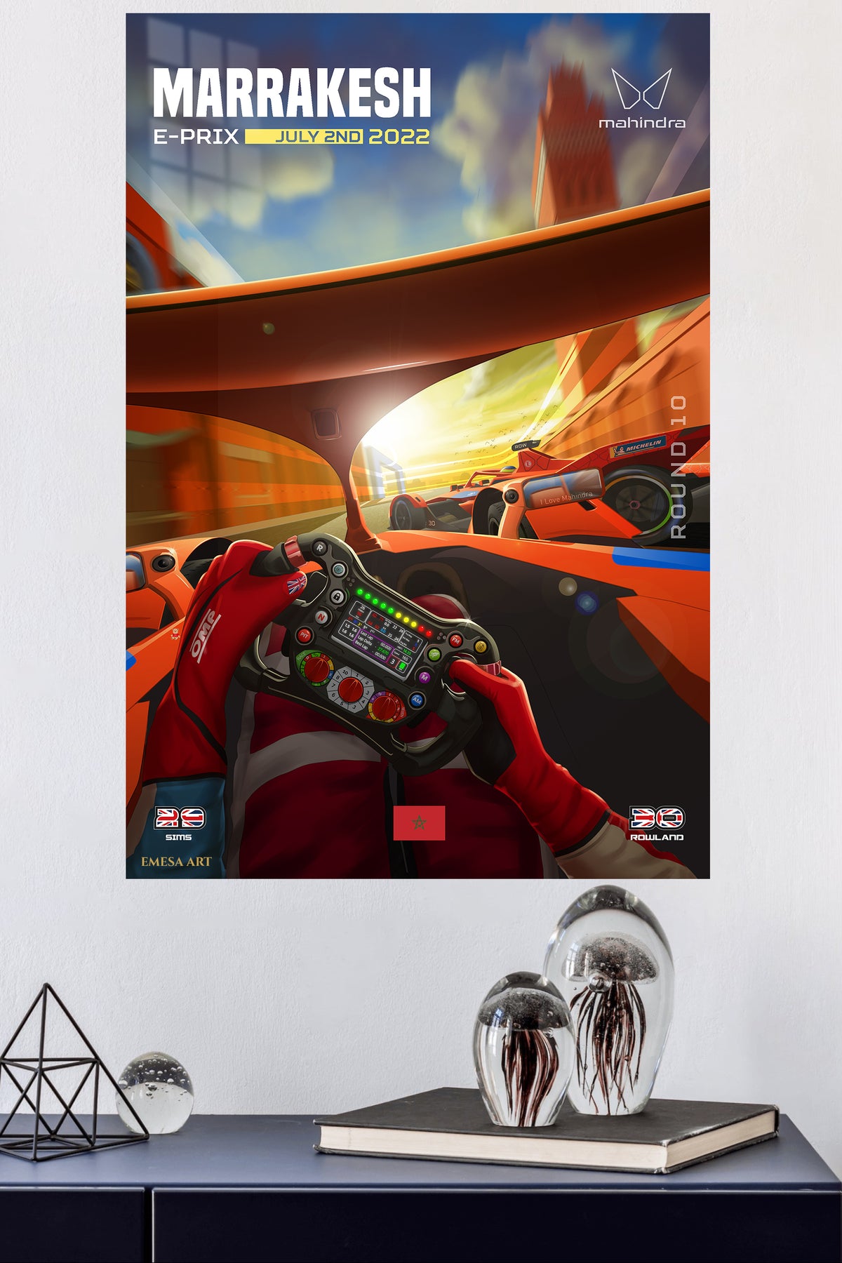 Electric Race Cockpit at Sunset metal wall art displayed in a modern interior
