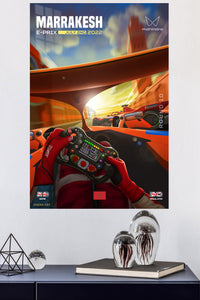 Electric Race Cockpit at Sunset metal wall art displayed in a modern interior