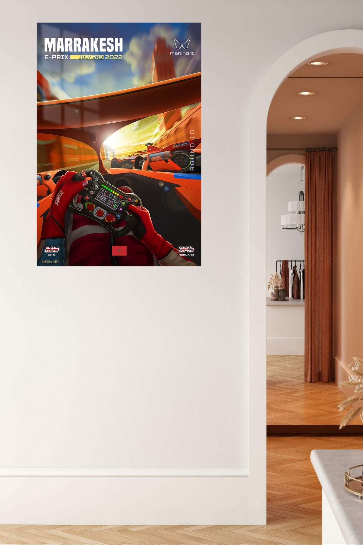 Electric Race Cockpit at Sunset metal wall art displayed in a contemporary living space