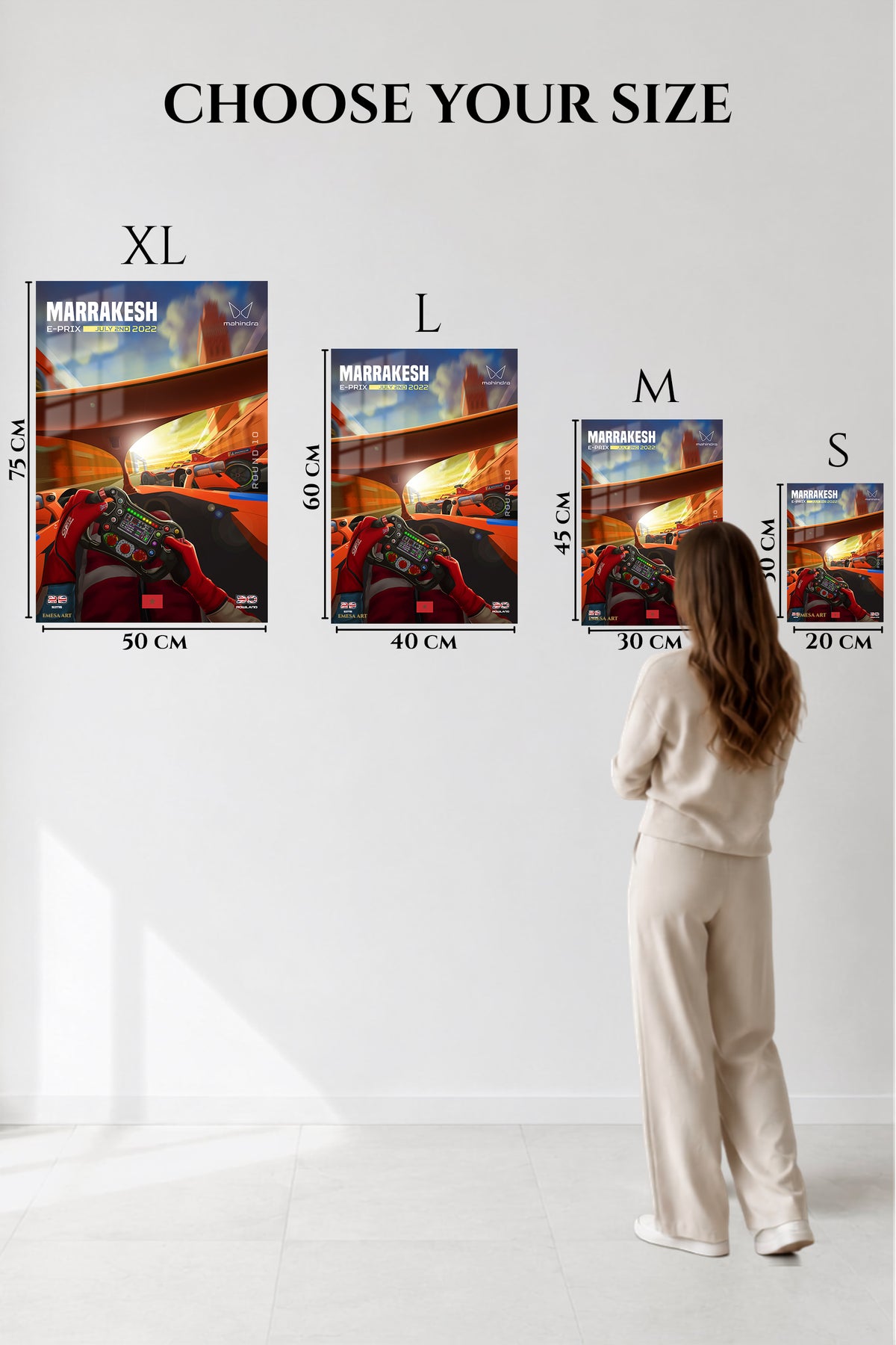 EMESA metal wall art size comparison guide for Electric Race Cockpit at Sunset