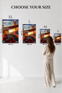 EMESA metal wall art size comparison guide for Electric Race Cockpit at Sunset