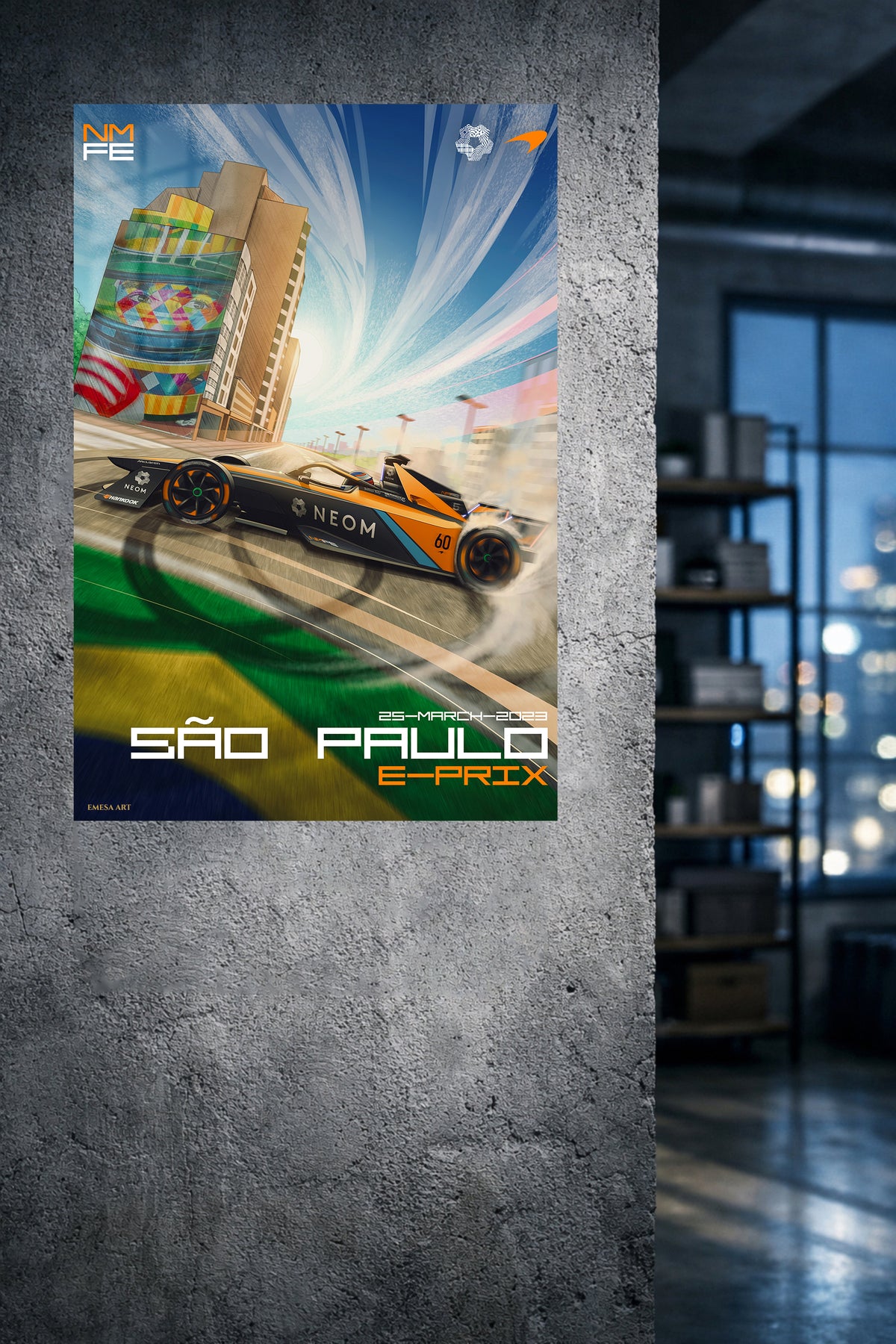 Electric Race Car City Sprint metal wall art displayed in a modern interior