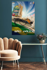Electric Race Car City Sprint metal wall art displayed in a contemporary living space