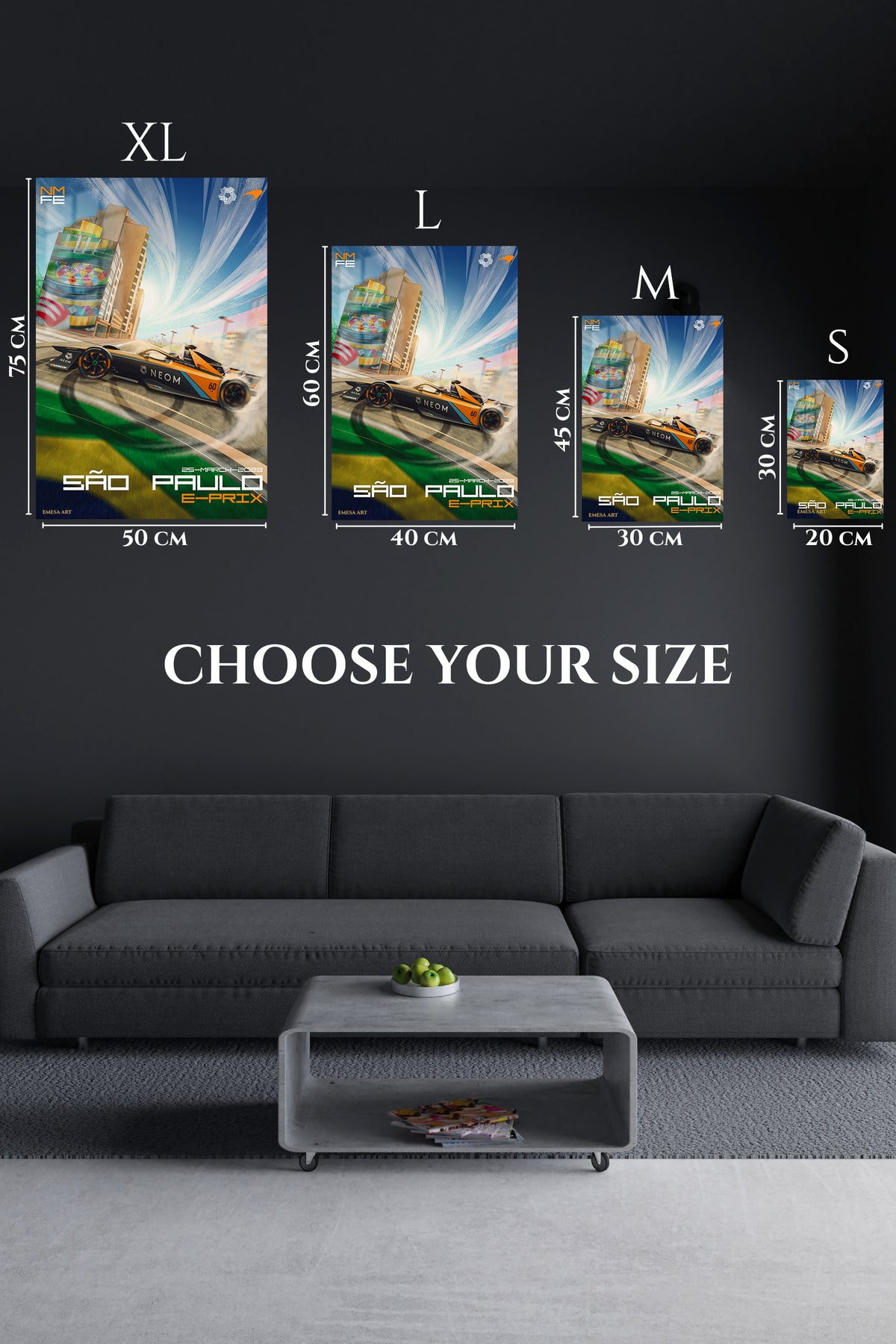 EMESA metal wall art size comparison guide for Electric Race Car City Sprint