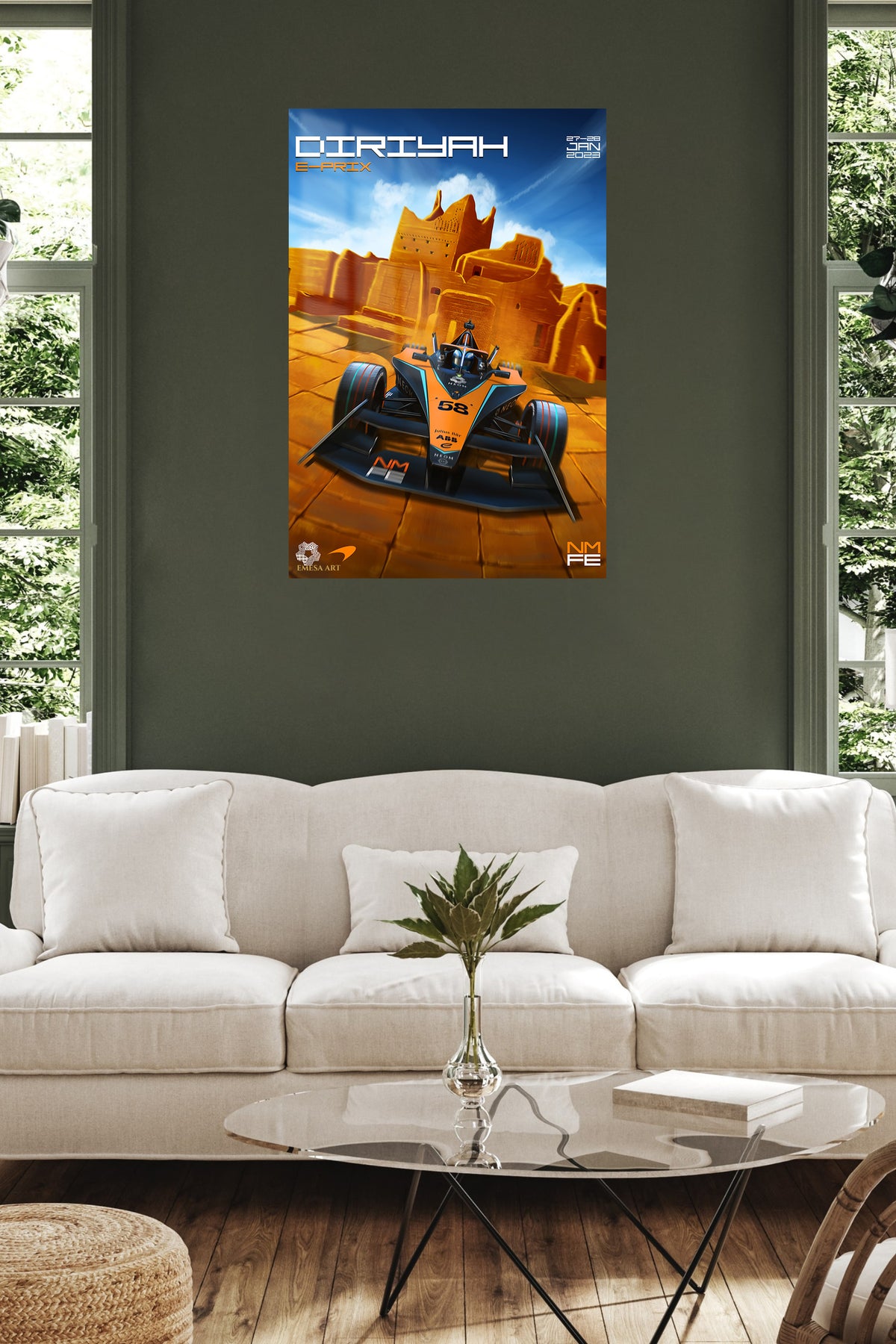 Desert Fortress Race Car metal wall art displayed in a contemporary living space
