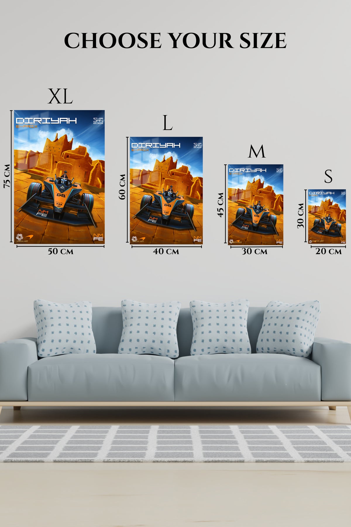 EMESA metal wall art size comparison guide for Desert Fortress Race Car