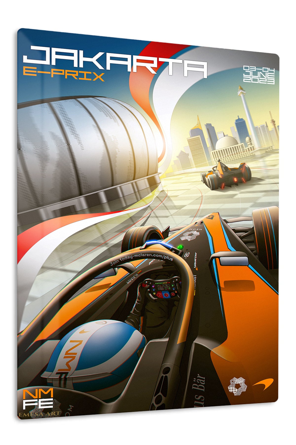 Neon Formula Racing Cityscape premium metal wall art – front view