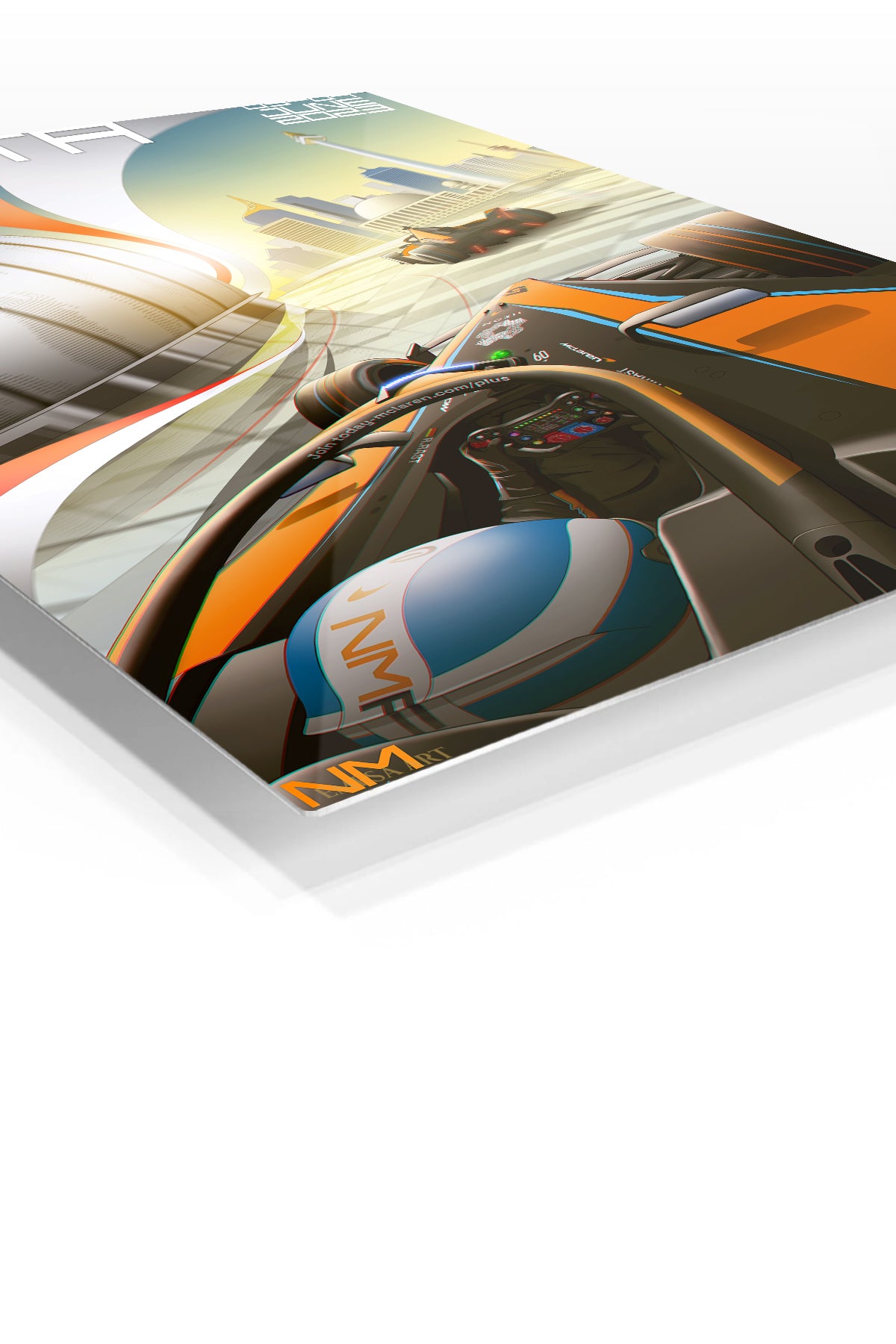 Neon Formula Racing Cityscape premium metal wall art – angled view