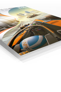 Neon Formula Racing Cityscape premium metal wall art – angled view