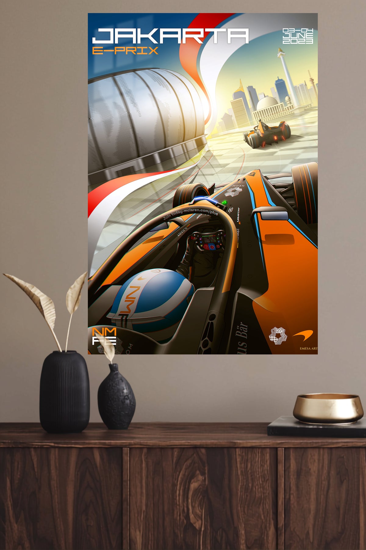 Neon Formula Racing Cityscape metal wall art displayed in a modern interior