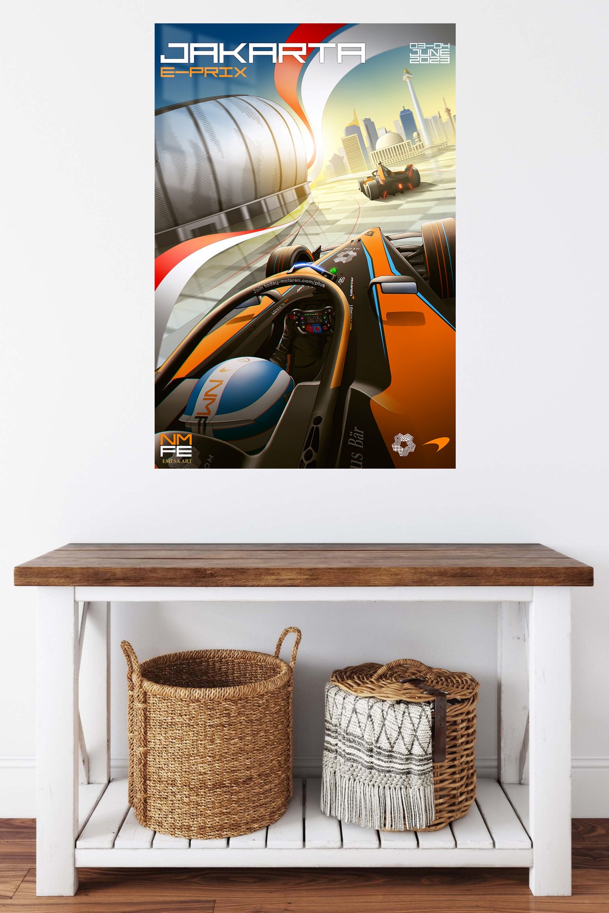 Neon Formula Racing Cityscape metal wall art displayed in a contemporary living space
