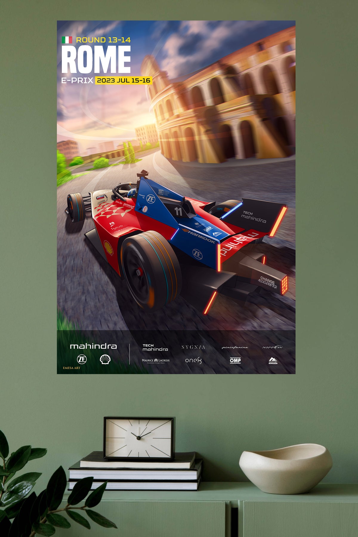 Rome Electric Race Car Poster metal wall art displayed in a modern interior