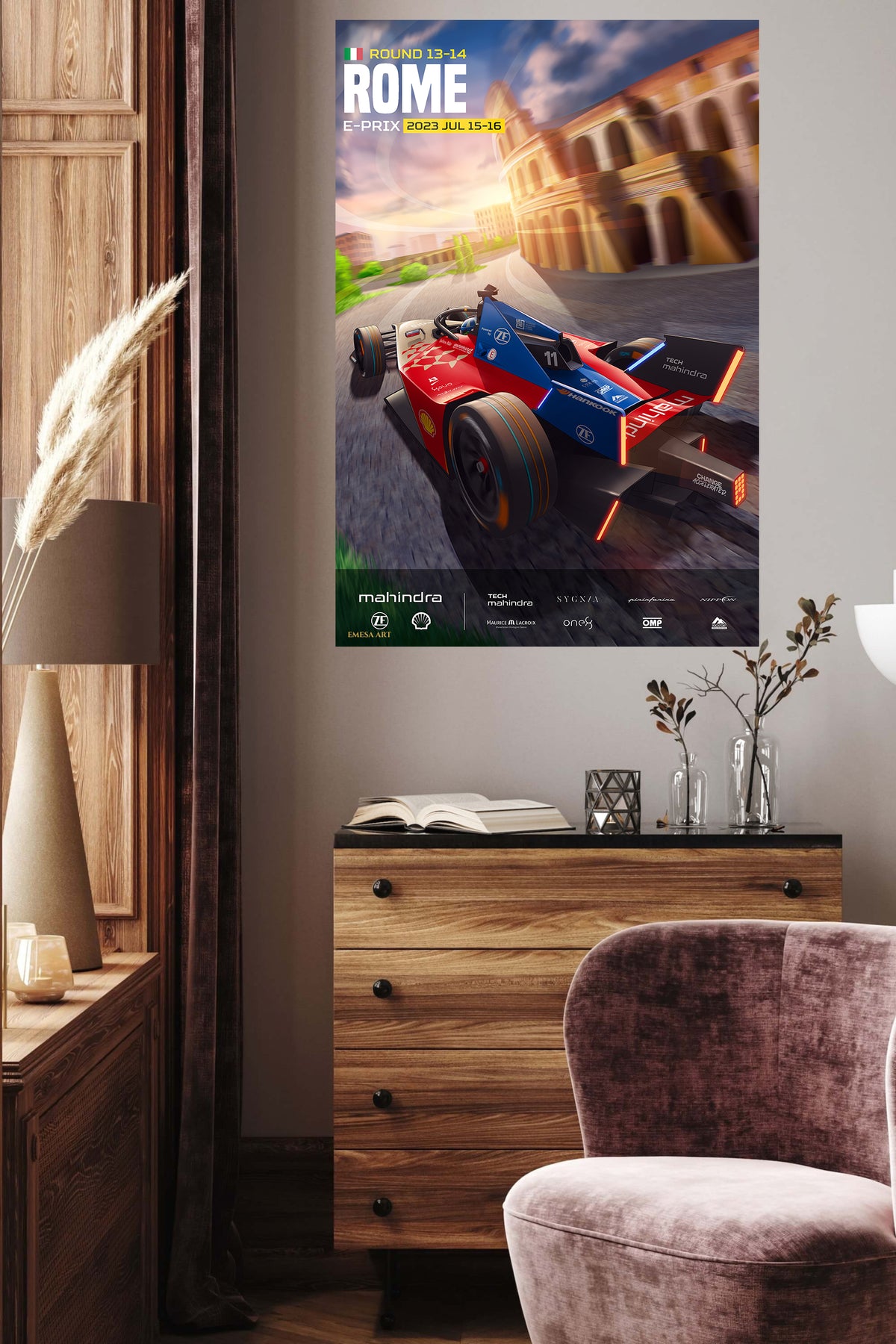 Rome Electric Race Car Poster metal wall art displayed in a contemporary living space