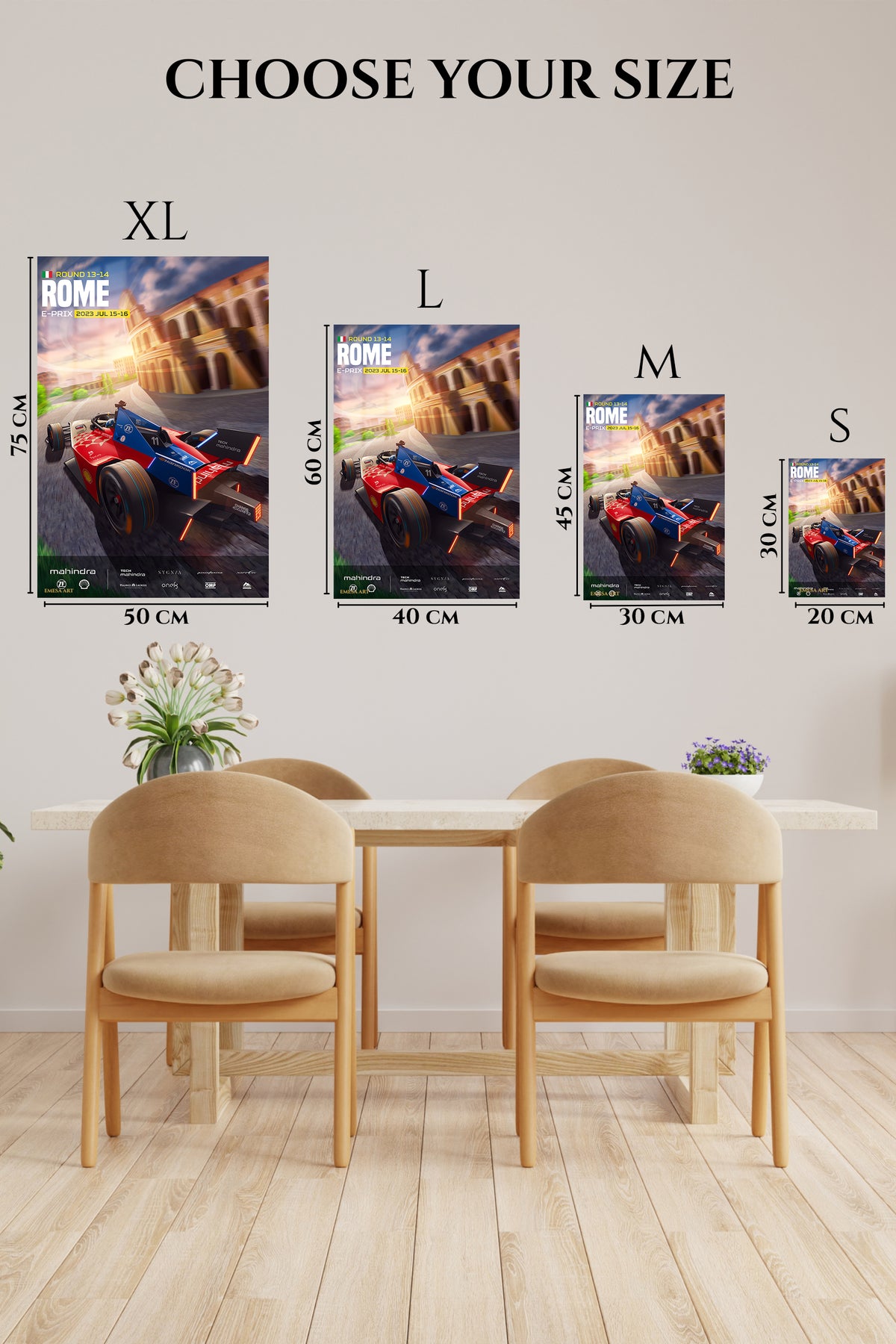 EMESA metal wall art size comparison guide for Rome Electric Race Car Poster