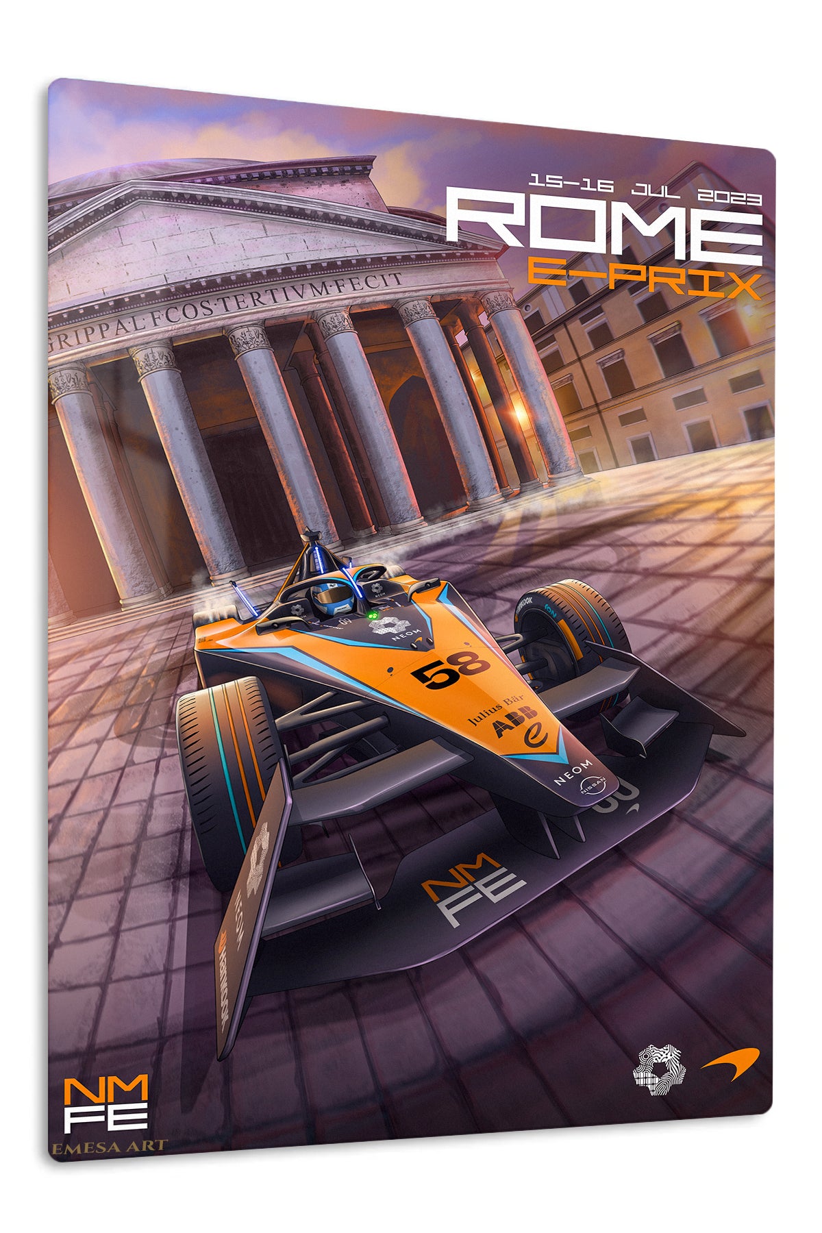 Orange Formula Racer at Classical Portico premium metal wall art – front view