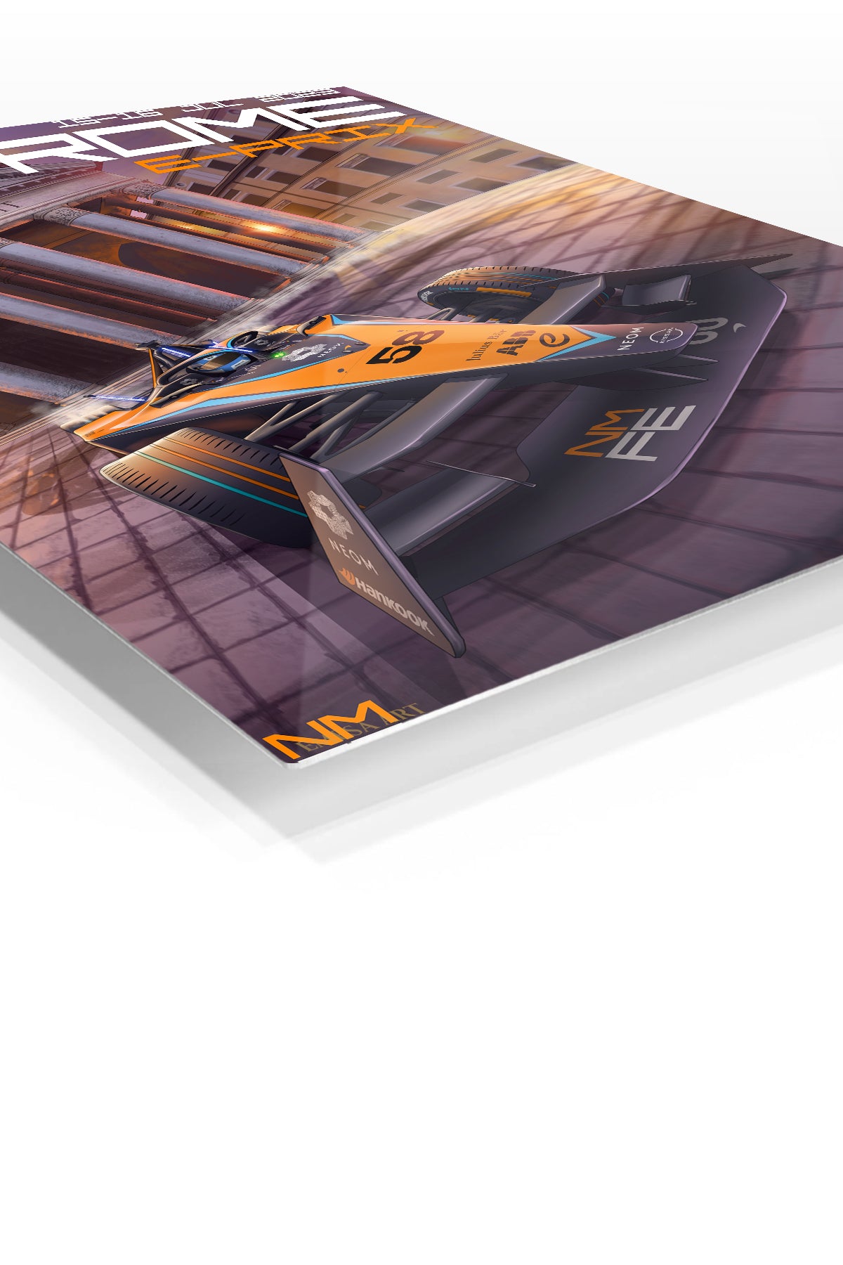 Orange Formula Racer at Classical Portico premium metal wall art – angled view