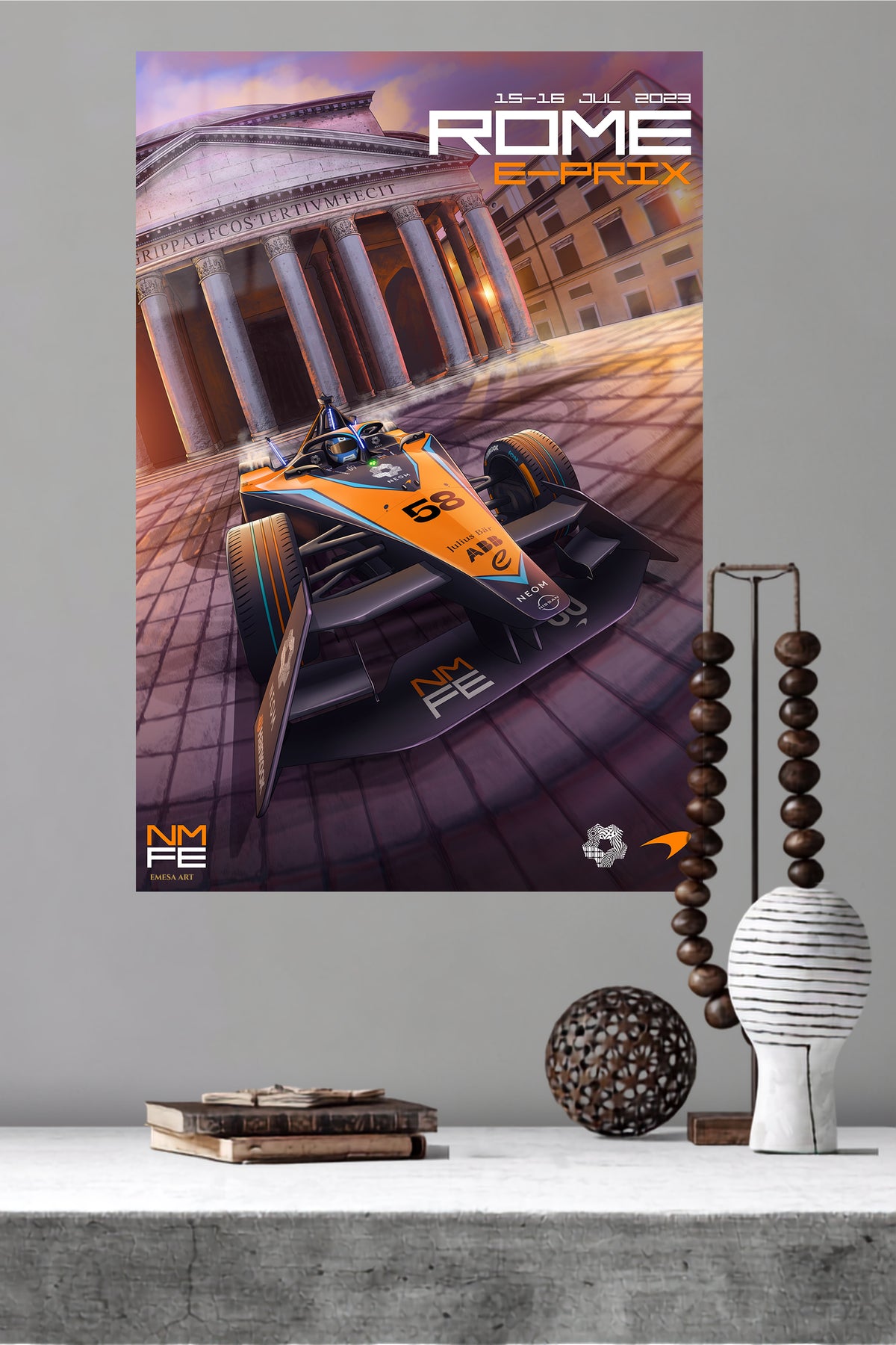 Orange Formula Racer at Classical Portico metal wall art displayed in a modern interior