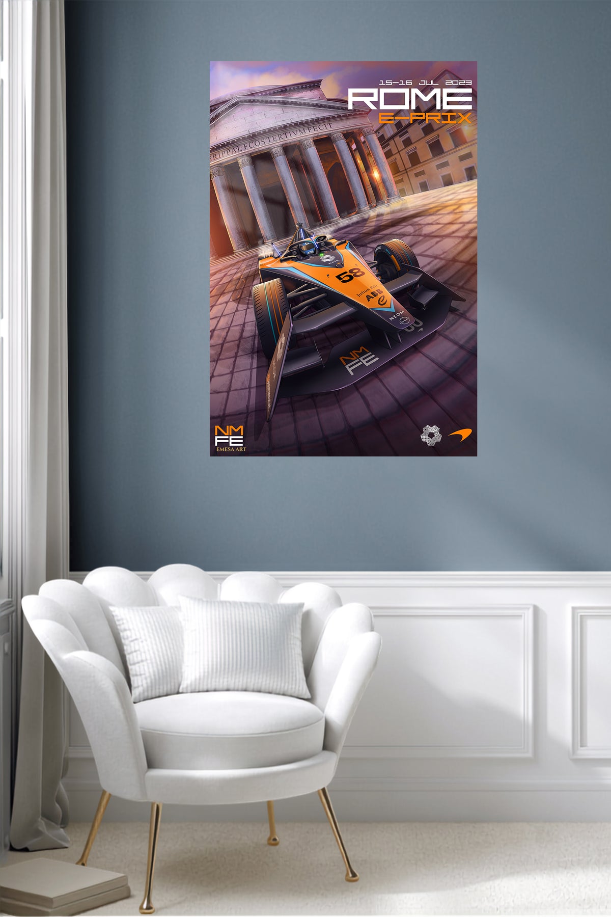 Orange Formula Racer at Classical Portico metal wall art displayed in a contemporary living space