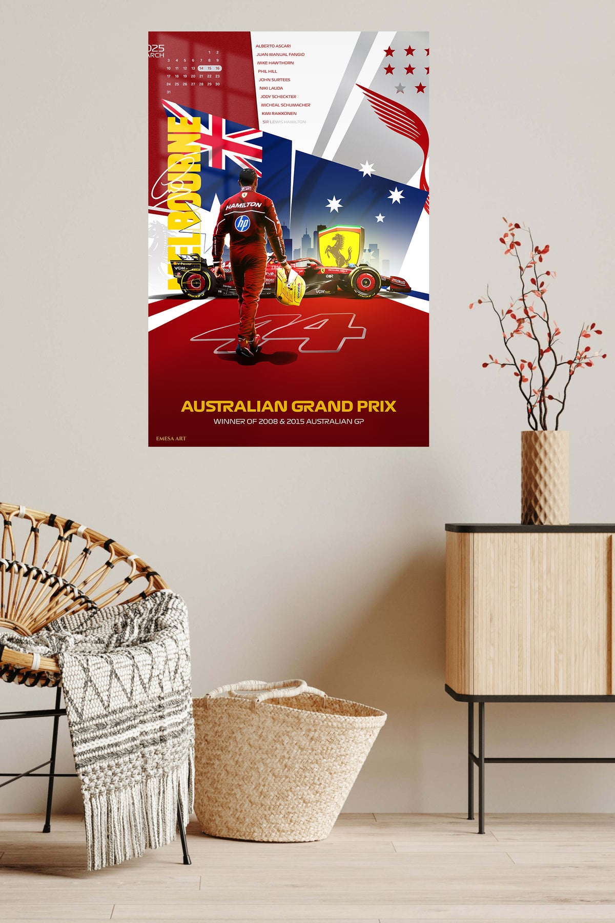 Australian Grand Prix Racing Champion Collage metal wall art displayed in a contemporary living space