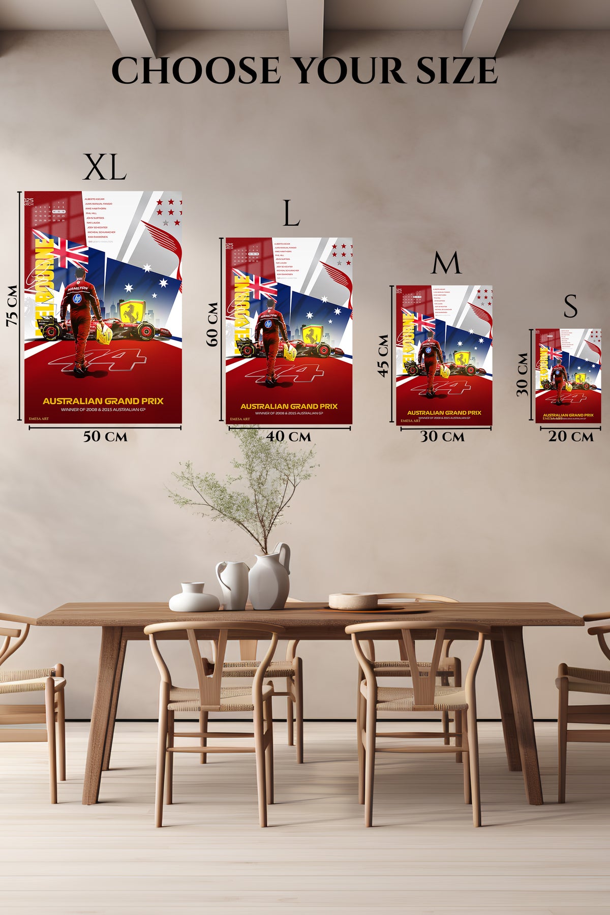 EMESA metal wall art size comparison guide for Australian Grand Prix Racing Champion Collage