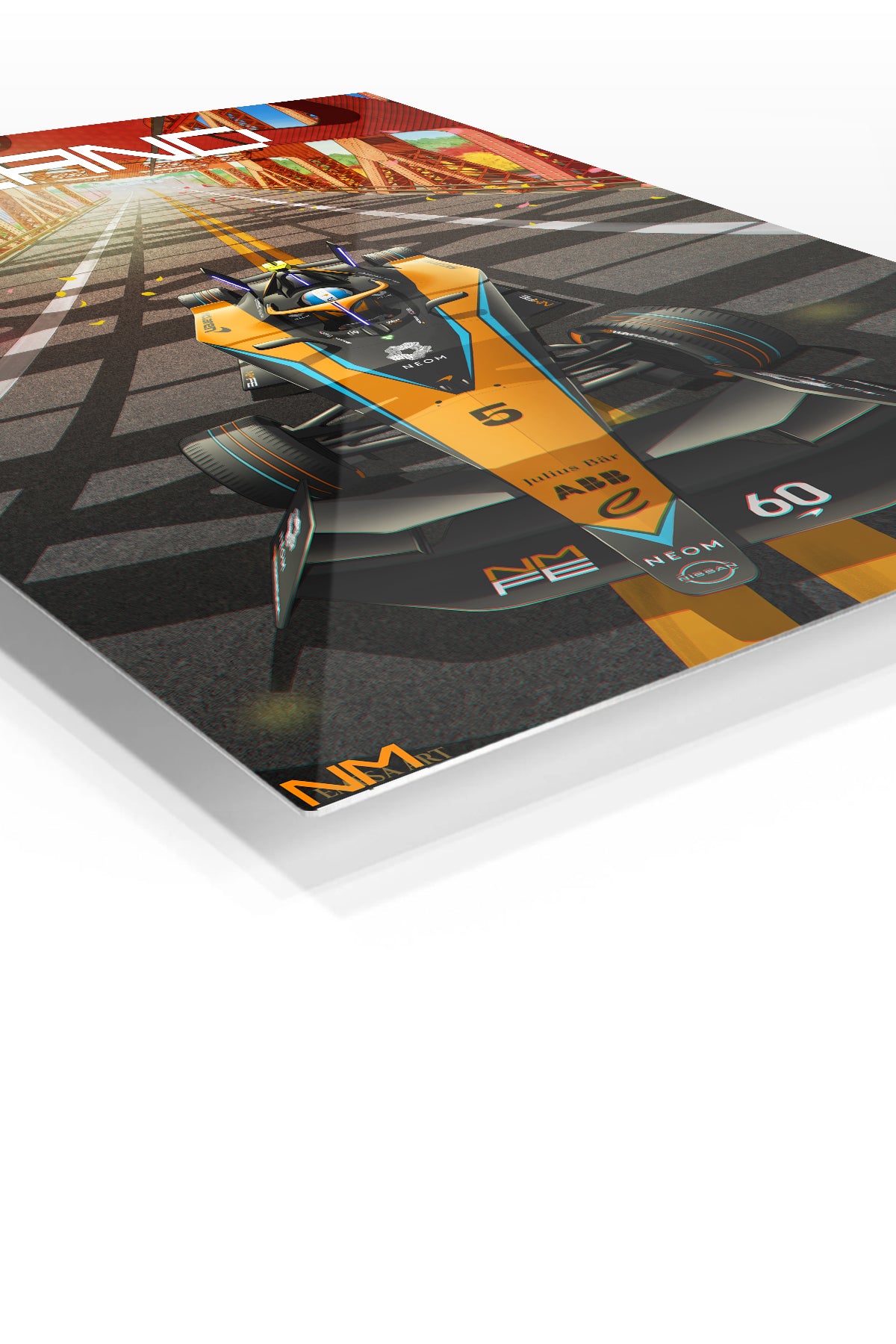 Futuristic Open-Wheel Bridge Run premium metal wall art – angled view