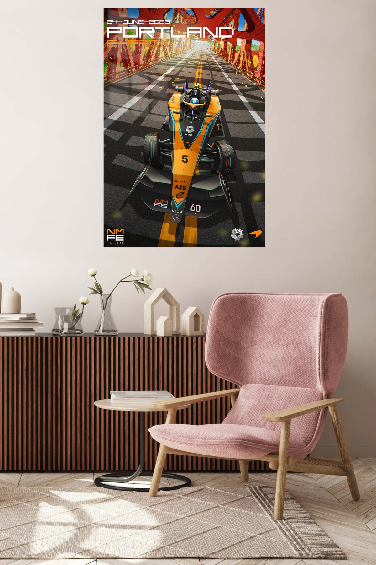 Futuristic Open-Wheel Bridge Run metal wall art displayed in a contemporary living space