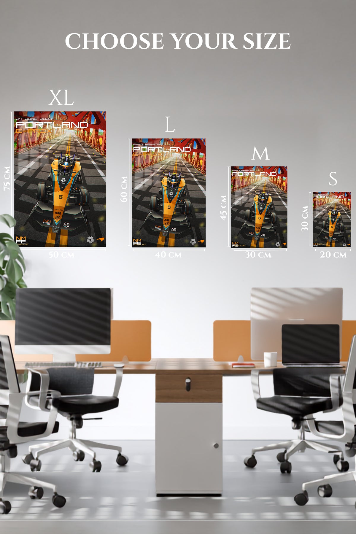 EMESA metal wall art size comparison guide for Futuristic Open-Wheel Bridge Run