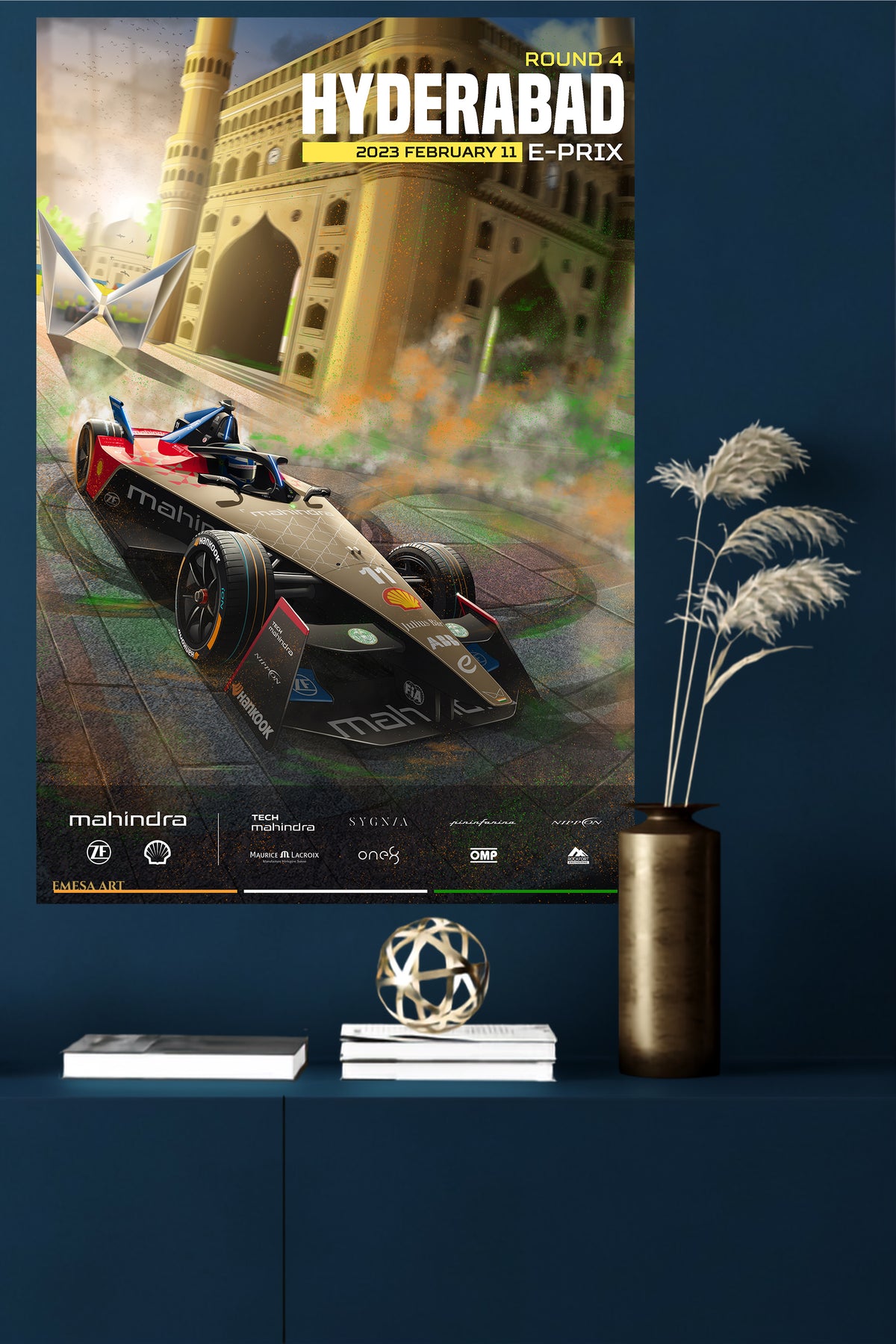 Hyderabad Electric Race Car Poster metal wall art displayed in a modern interior