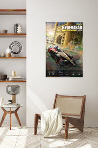 Hyderabad Electric Race Car Poster metal wall art displayed in a contemporary living space