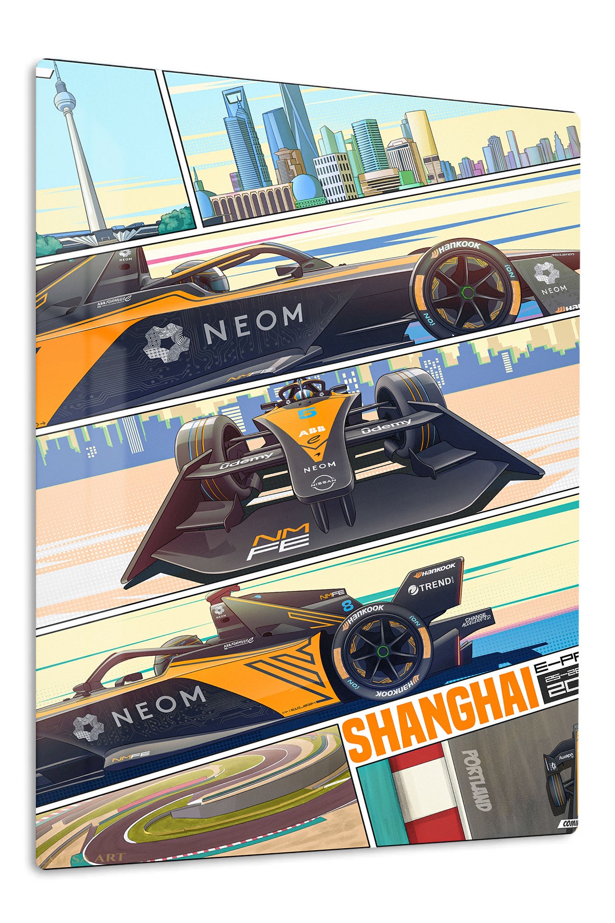 Electric Formula Race Car City Panels premium metal wall art – front view