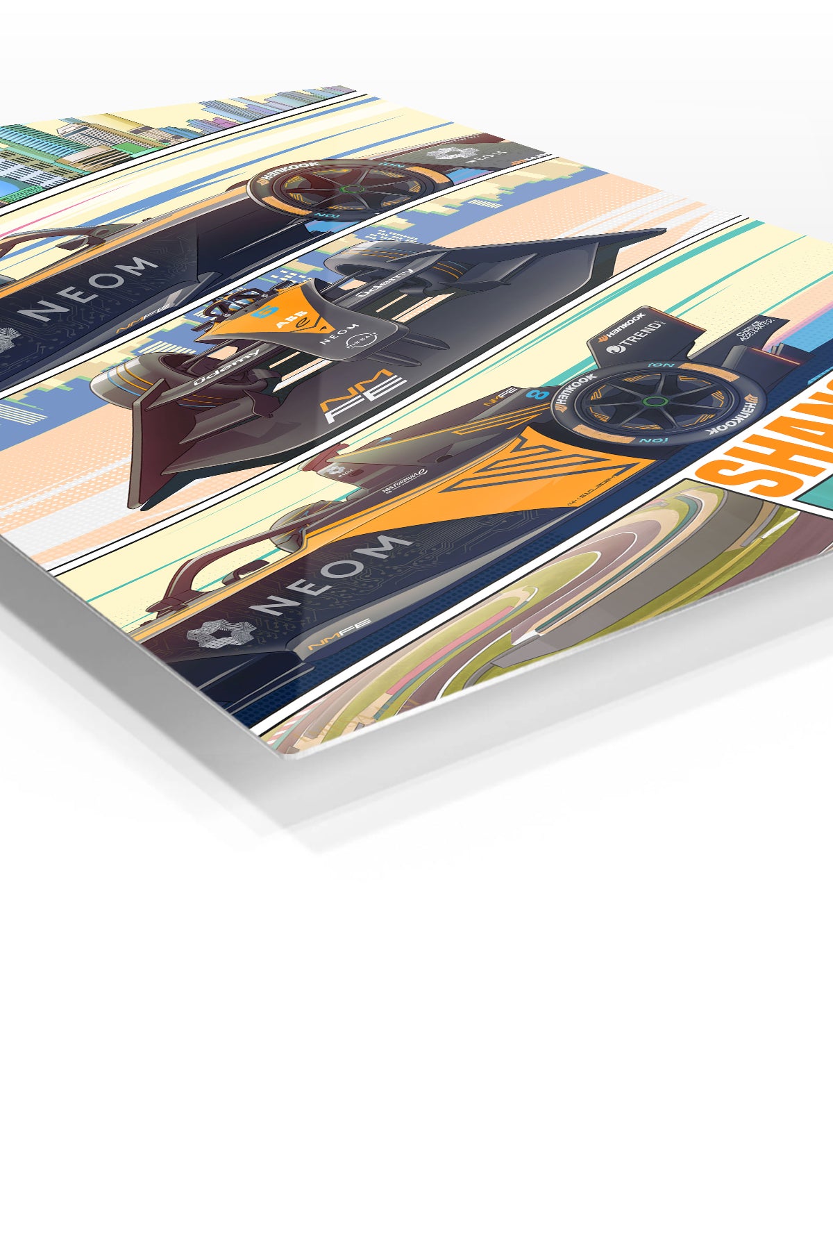 Electric Formula Race Car City Panels premium metal wall art – angled view